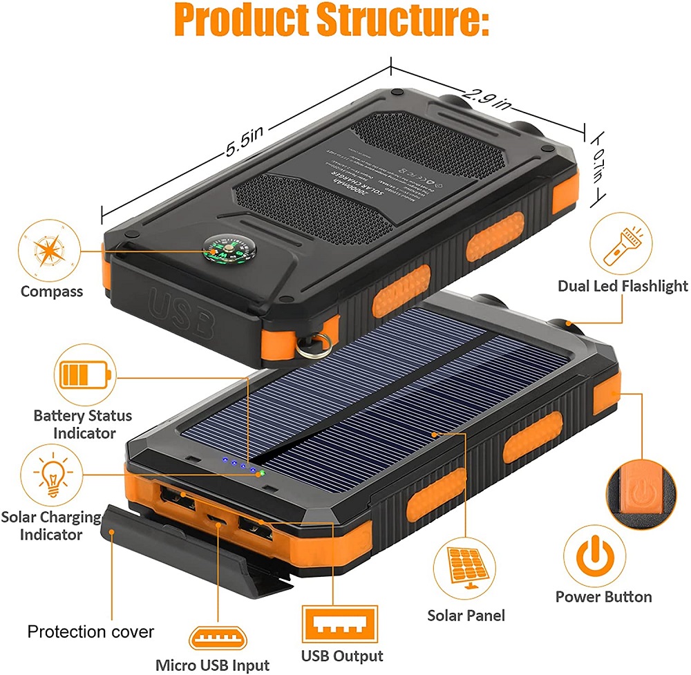 (Black) Solar Power Bank 80000mAh Portable Charging Poverbank External Battery Charger Strong Light LDE Light for All Smartphones