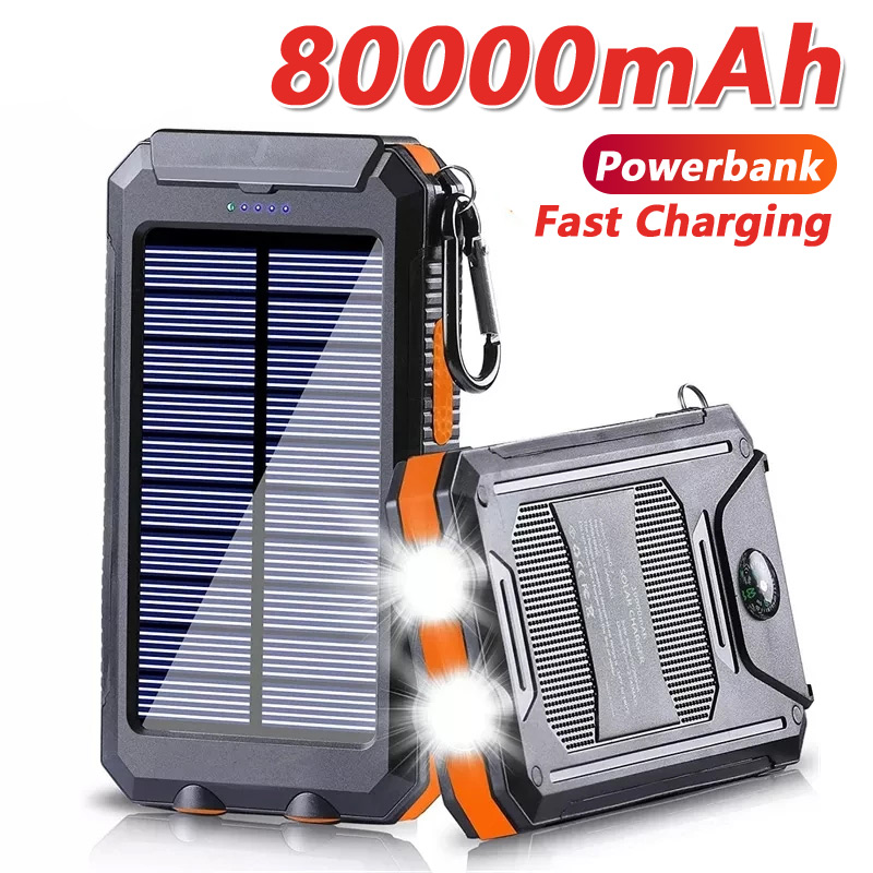 (Black) Solar Power Bank 80000mAh Portable Charging Poverbank External Battery Charger Strong Light LDE Light for All Smartphones