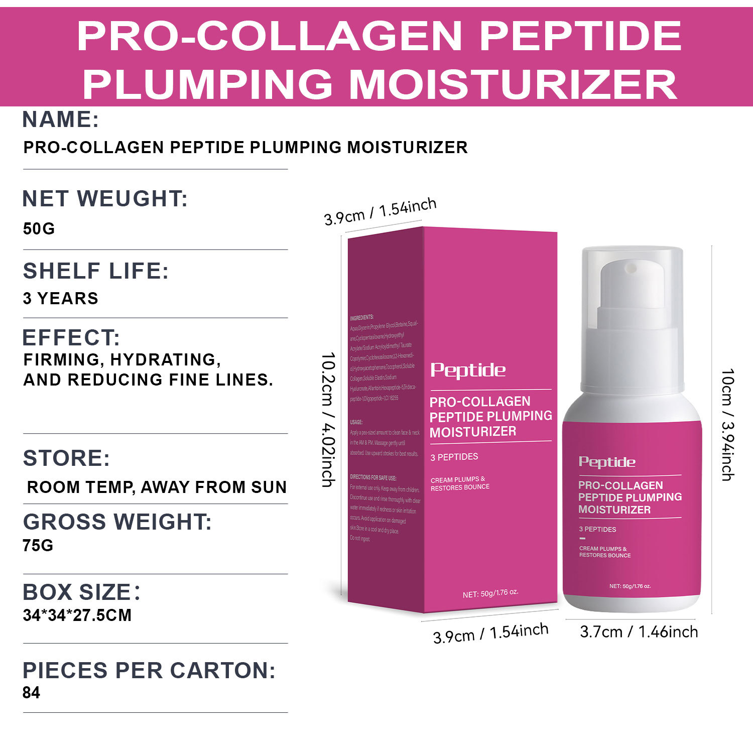 Collagen Peptide Plumping Facial Moisturizing Cream For Firming Hydrating And Daily Anti Aging Skin Care 50g