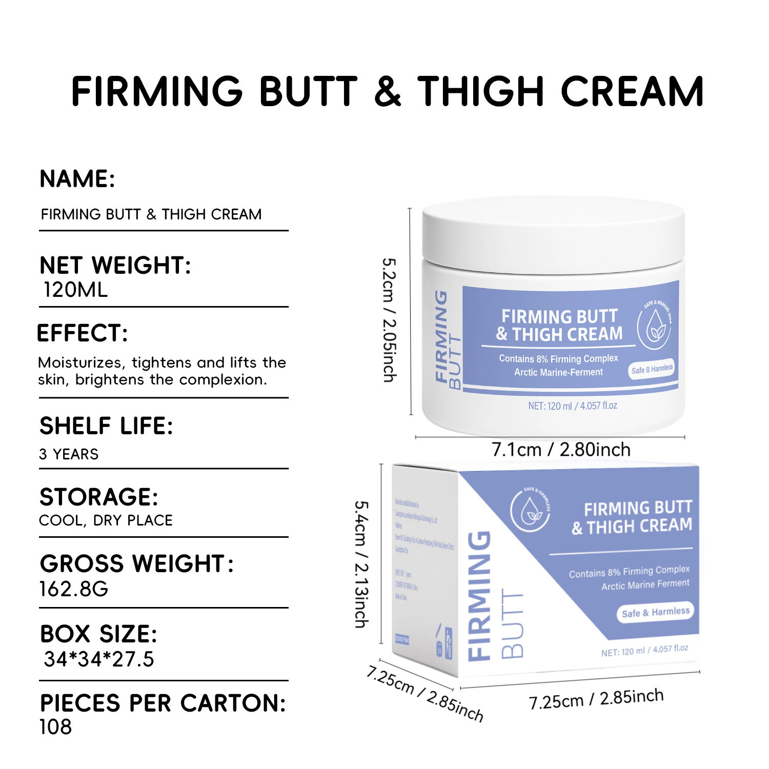 Firming Butt And Thigh Cream Moisturizing Smoothing Skin Tightening Daily Body Care Treatment 120ml