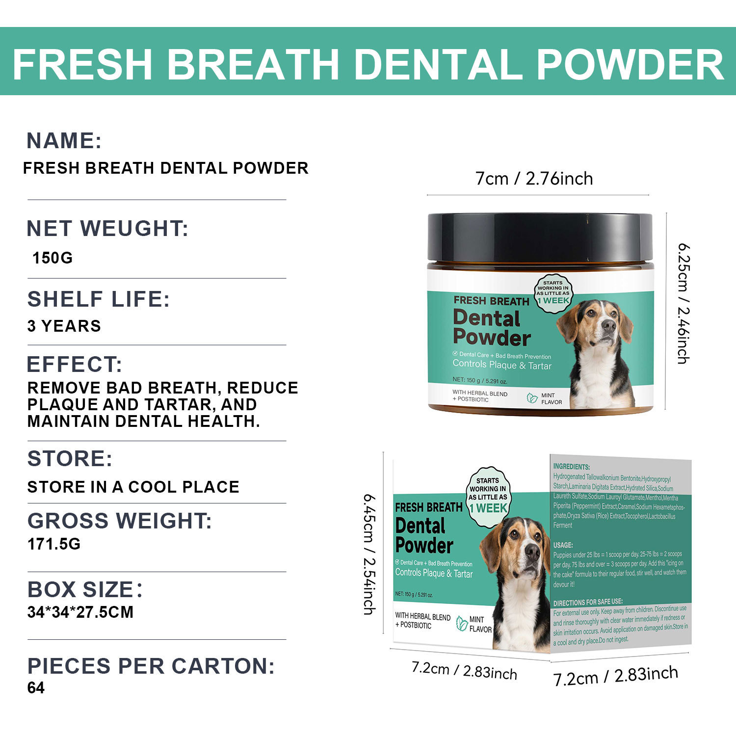 Dog Breath Freshener Dental Powder Teeth Cleaning Oral Care For Pet Bad Breath Prevention Daily Hygiene 150g