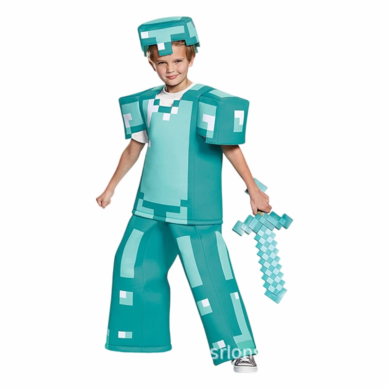 (S) Kids Diamond Suit Minecraft Adult Parent Child Cosplay Outfit MC Halloween Costume Kids Performance Wear