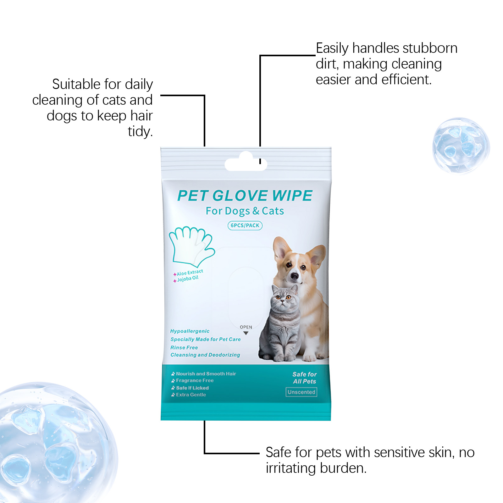 Pet No Rinse Glove Wipes Convenient Clean Soft Skin Friendly Care For Cats And Dogs