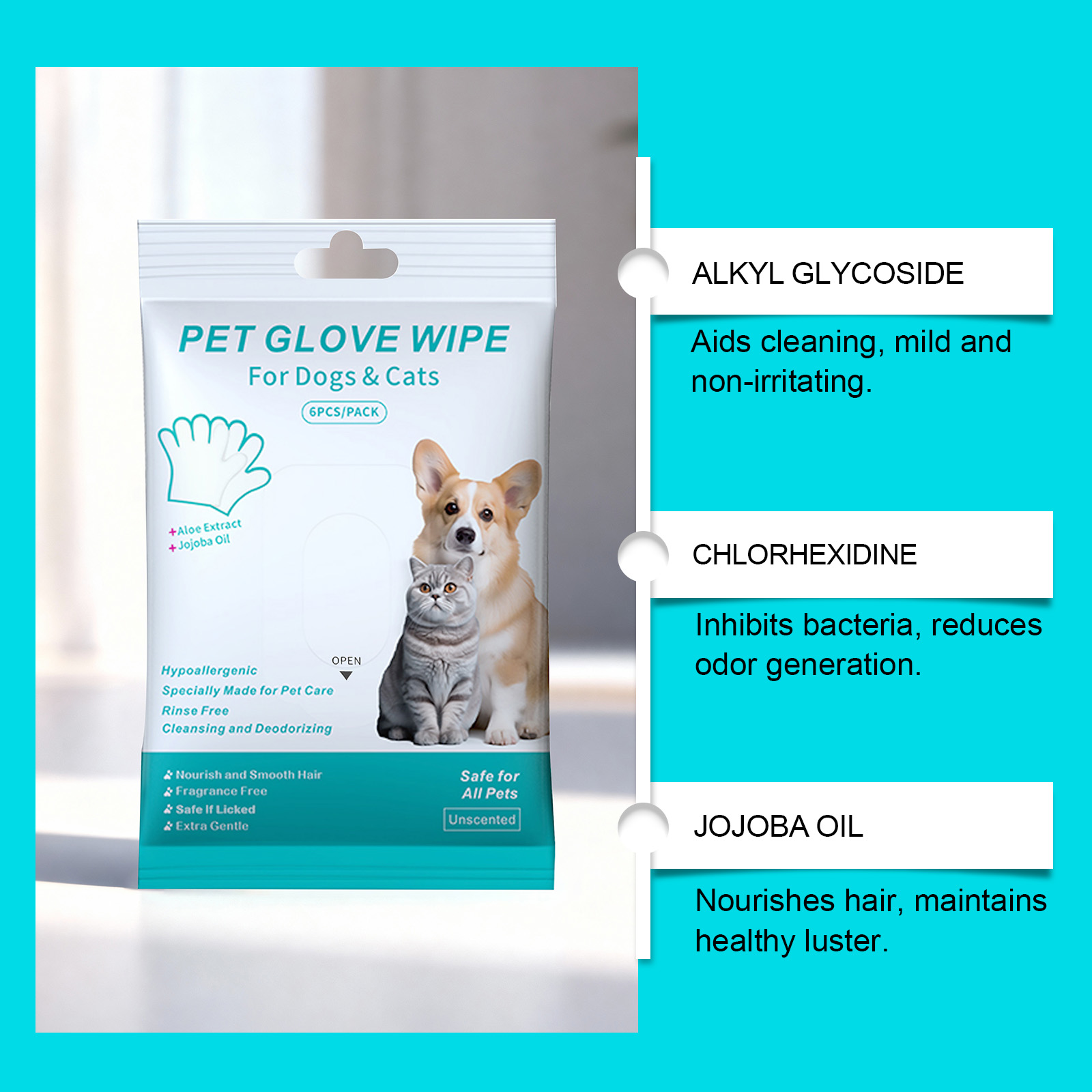Pet No Rinse Glove Wipes Convenient Clean Soft Skin Friendly Care For Cats And Dogs