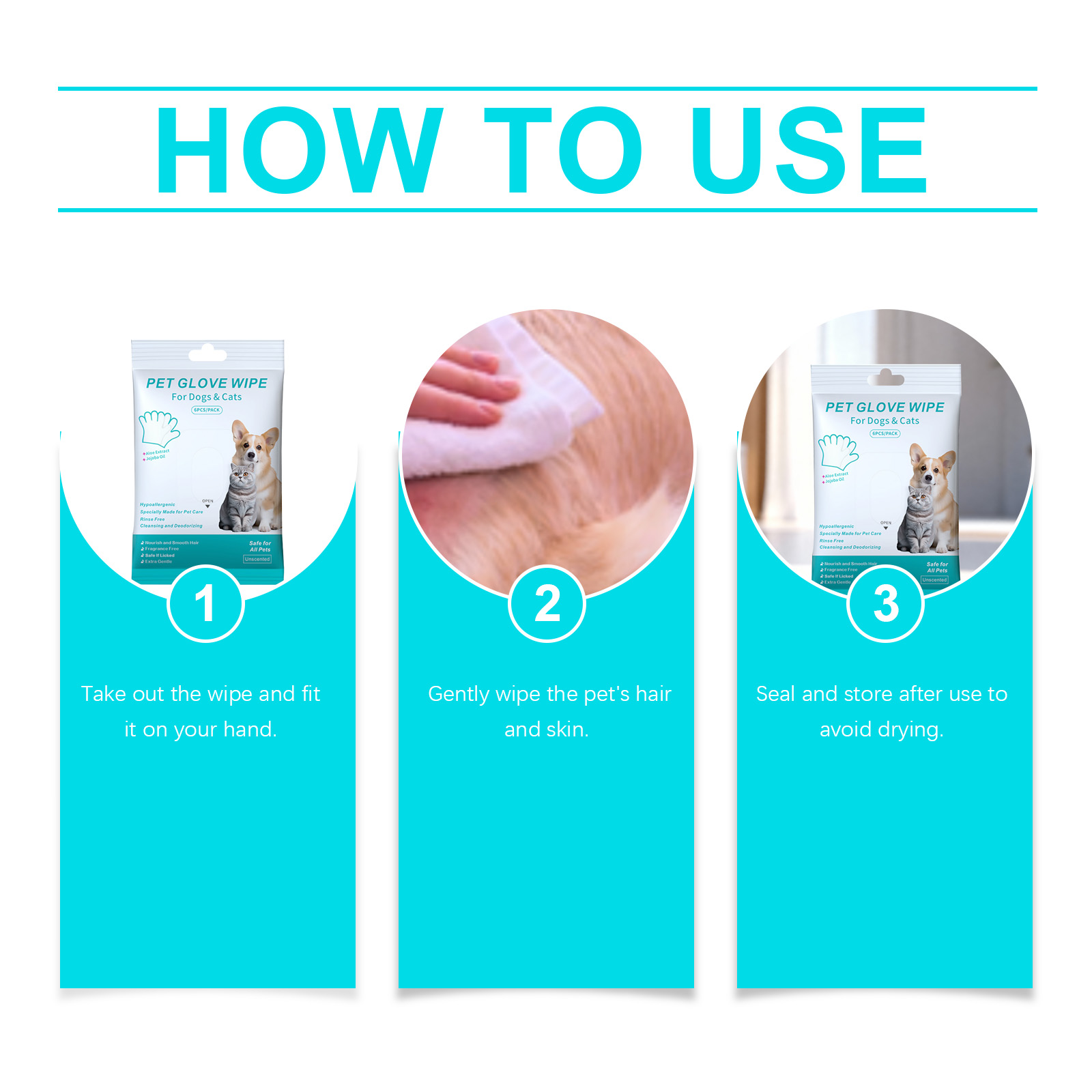Pet No Rinse Glove Wipes Convenient Clean Soft Skin Friendly Care For Cats And Dogs