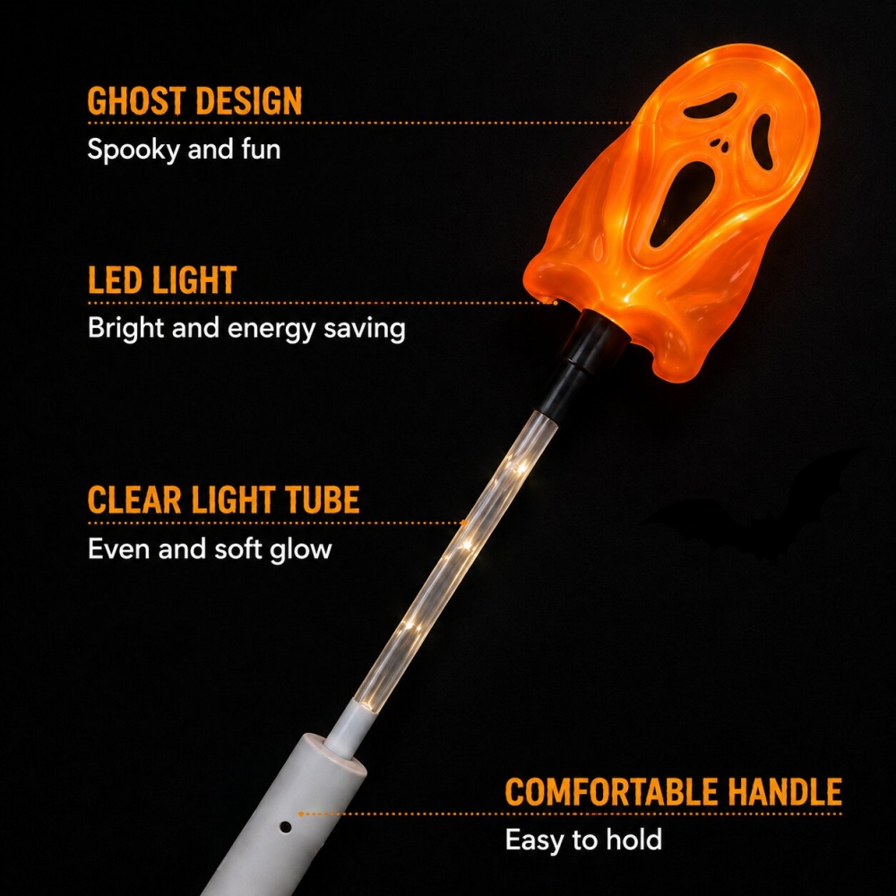 5PCS Halloween Ghost Wand LED Light-Up Handheld Lamp Warm White 3 Modes for Trick-or-Treating Party Festival Night Parade Decor