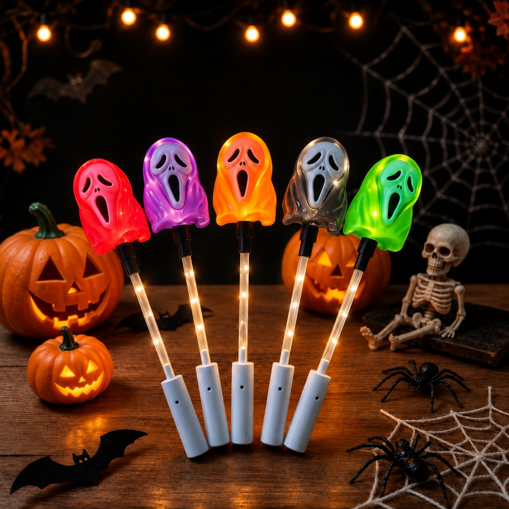 5PCS Halloween Ghost Wand LED Light-Up Handheld Lamp Warm White 3 Modes for Trick-or-Treating Party Festival Night Parade Decor