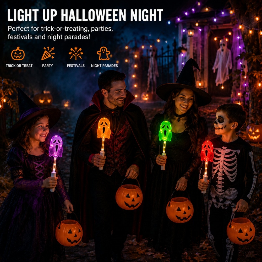 5PCS Halloween Ghost Wand LED Light-Up Handheld Lamp Warm White 3 Modes for Trick-or-Treating Party Festival Night Parade Decor