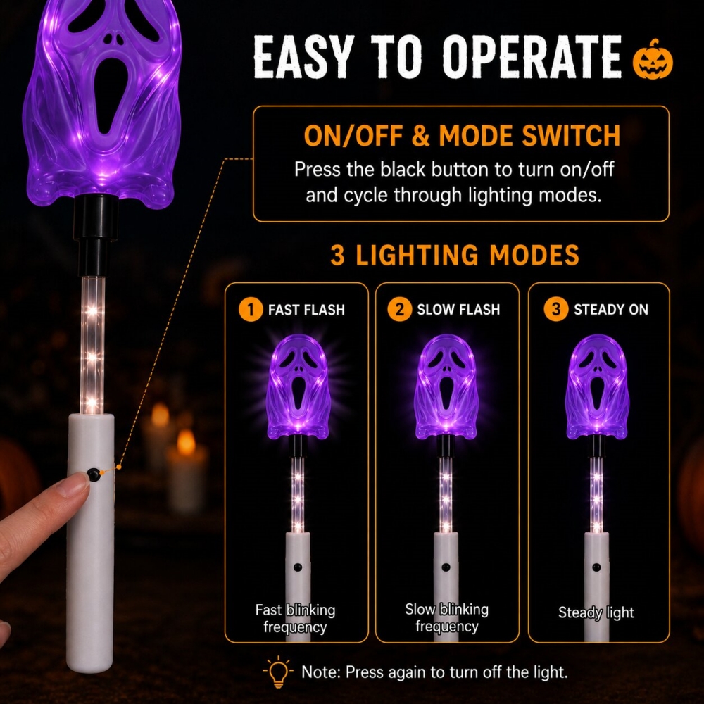 5PCS Halloween Ghost Wand LED Light-Up Handheld Lamp Warm White 3 Modes for Trick-or-Treating Party Festival Night Parade Decor