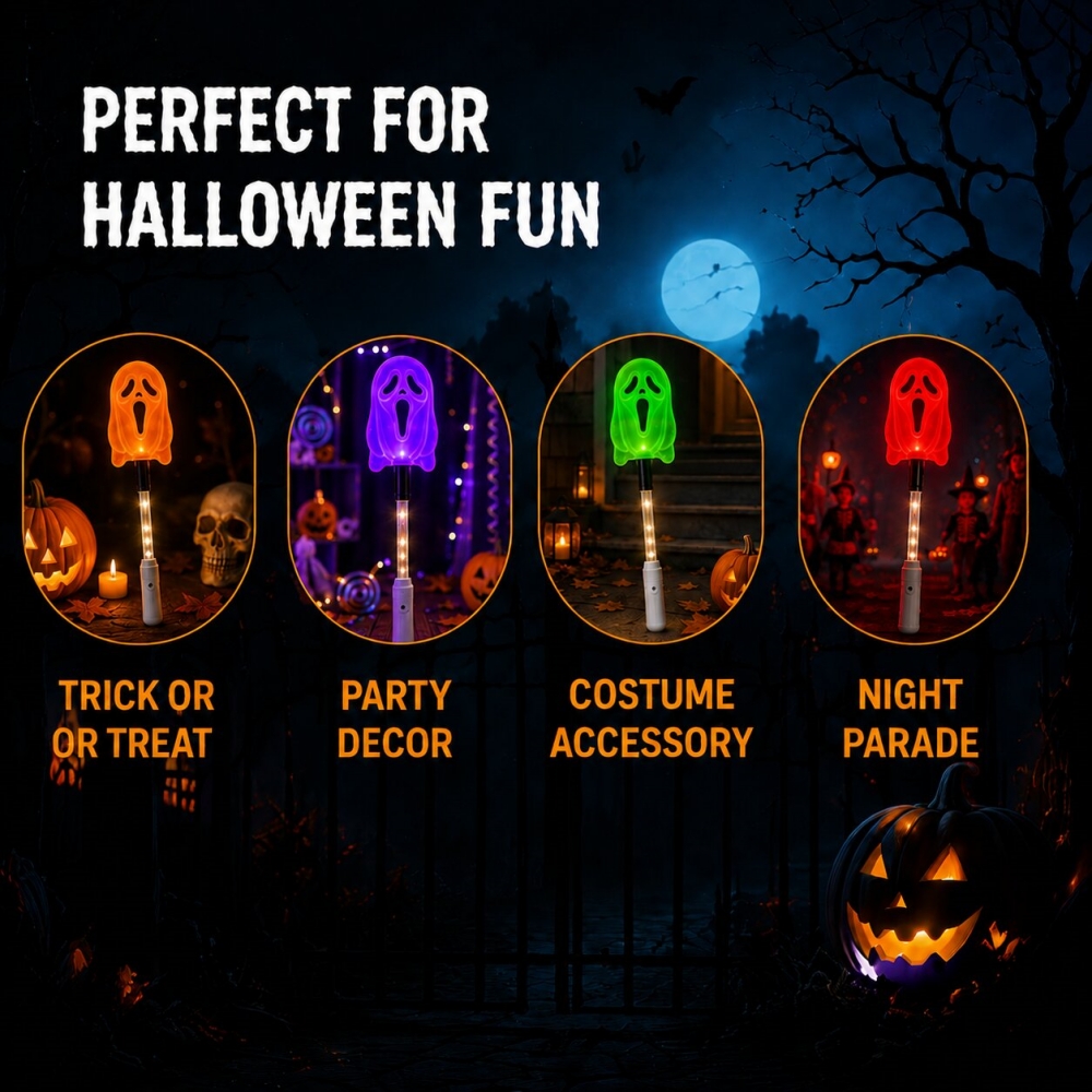 5PCS Halloween Ghost Wand LED Light-Up Handheld Lamp Warm White 3 Modes for Trick-or-Treating Party Festival Night Parade Decor
