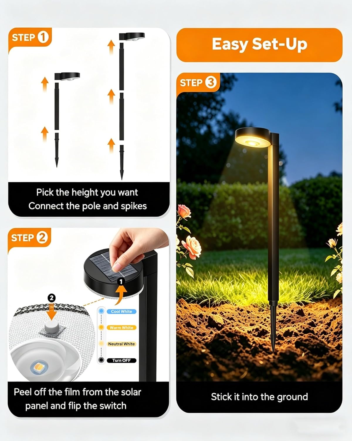 (4 pcs) Solar Lights for Outdoor Garden Solar Garden Path Lights with 3 Color Temperatures and Brighter Lens IP65 Waterproof Solar Lights for Pathway Lawn Patio Yard 
