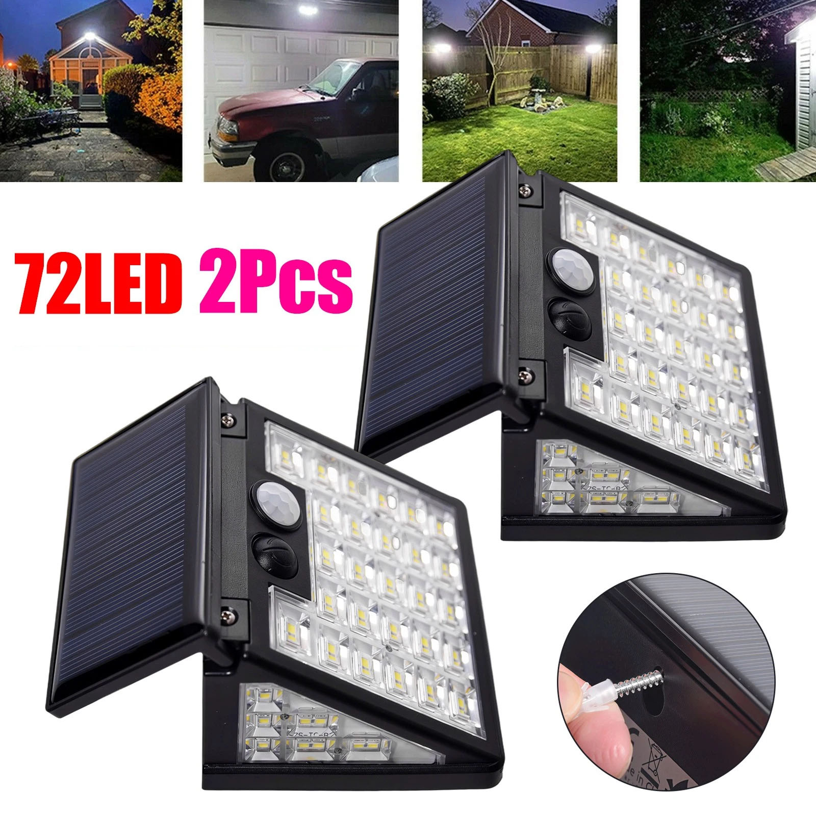 2Pcs Outdoor 72 LED Solar Lights 3 Working Modes Super Bright PIR Motion Sensor IP65 Waterproof Flood Wall Security Lights Yard