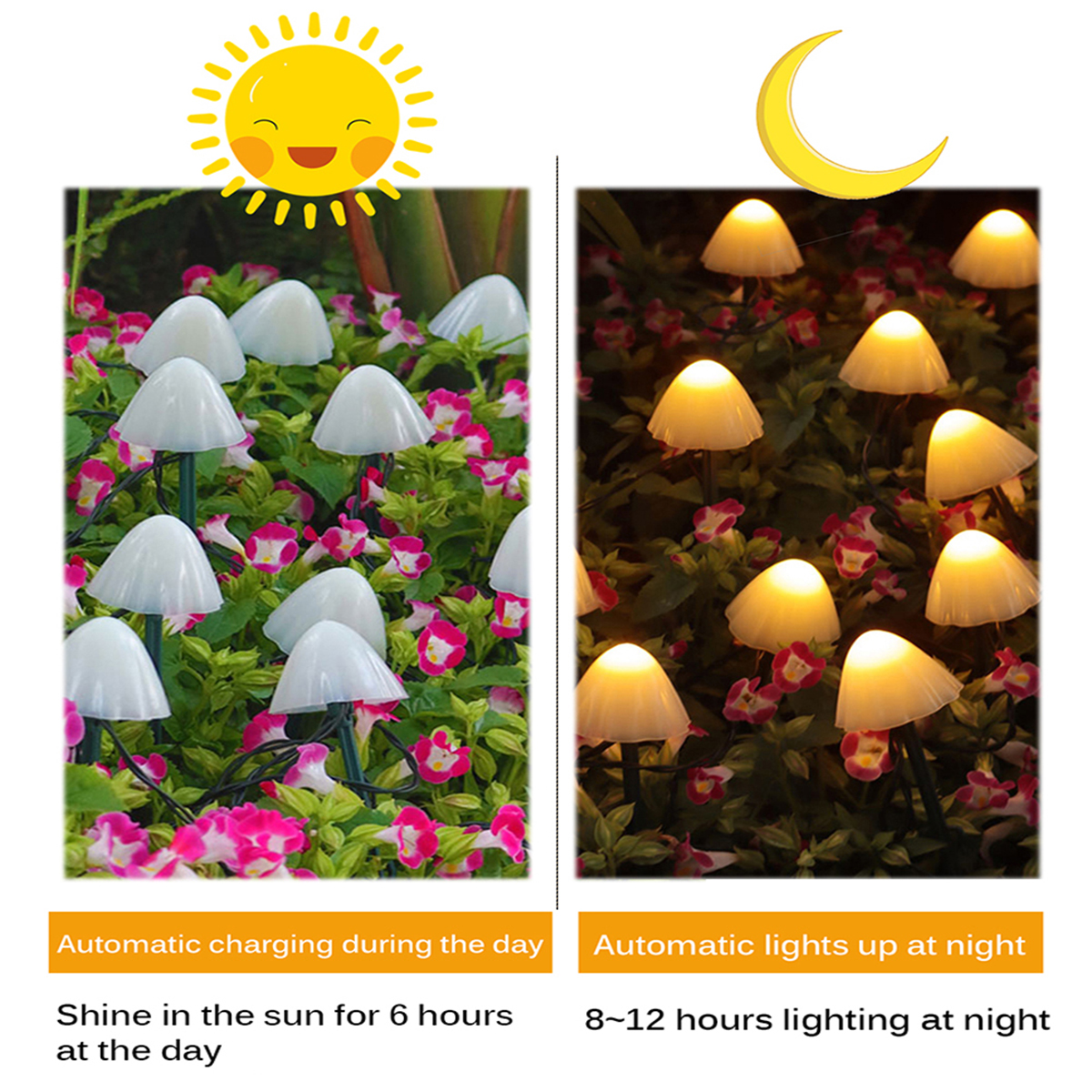 (Warm White) Solar Lights String Mushroom Lawn Fairy Lights LED Solar Lamps Outdoor For Garden Patio Terrace Path Landscape Decoration Lamps