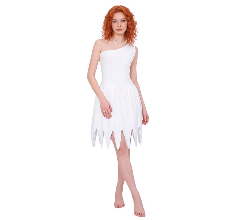 (130CM) Kids Wilma Flintstone White One Shoulder Dress Costume for Halloween Party Roleplay