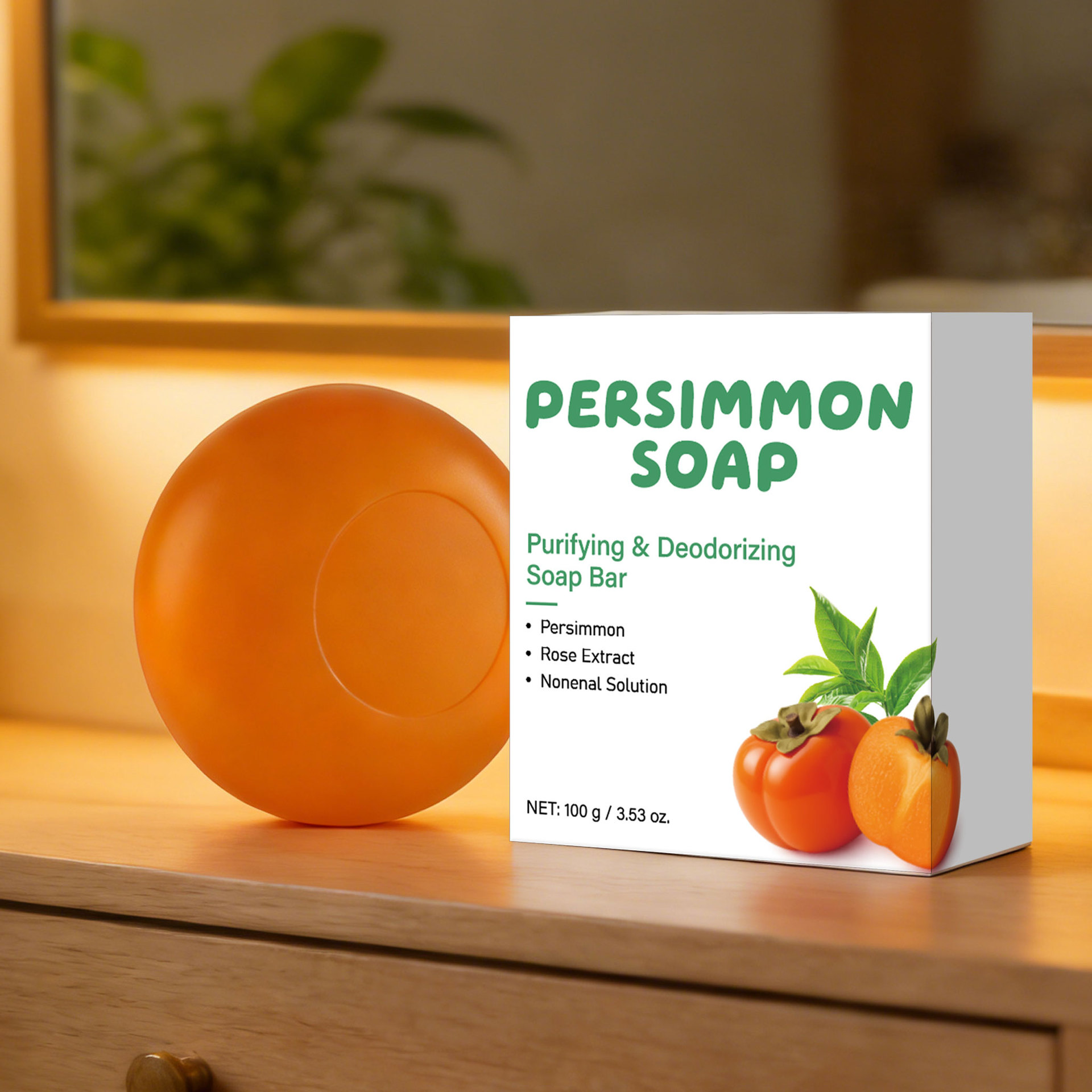 Purifying Deodorant Persimmon Soap With Green Tea Scent For Odor Control And Daily Body Cleansing Bar 100g