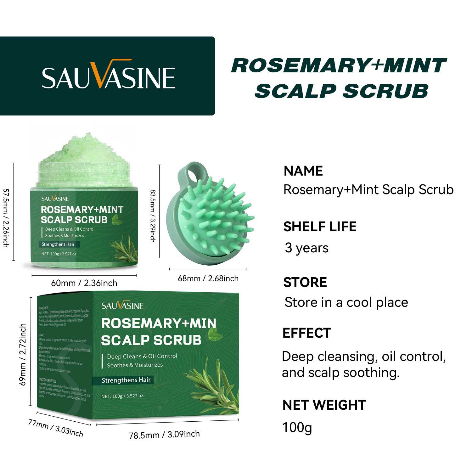 Rosemary Mint Scalp Scrub Shampoo With Massage Brush Deep Cleansing Exfoliating For Oily Flaky Scalp Daily Hair Wash 100g