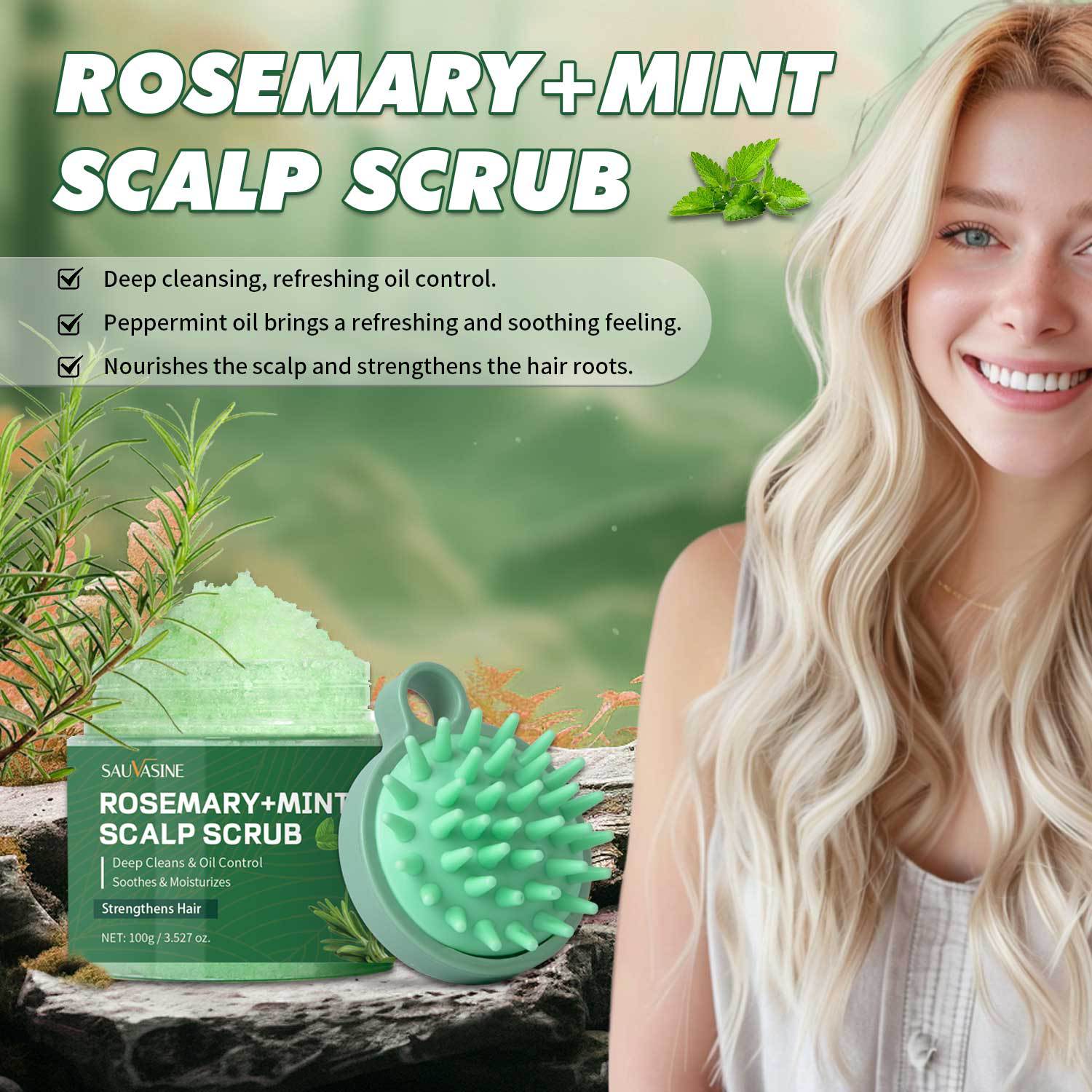 Rosemary Mint Scalp Scrub Shampoo With Massage Brush Deep Cleansing Exfoliating For Oily Flaky Scalp Daily Hair Wash 100g