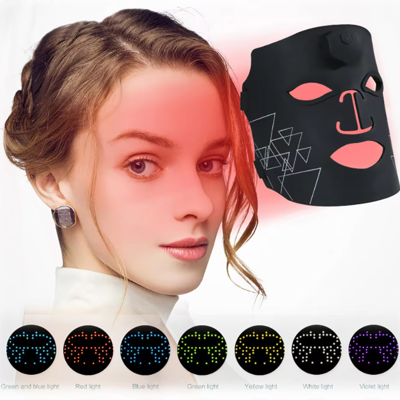 (Black) 7 Colors LED Photon Face Silicone Mask Flexible Facial Beauty Mask LED Light Light Therapy Face Masks Rejuvenation Anti-Wrinkle Skin Care Wireless Use