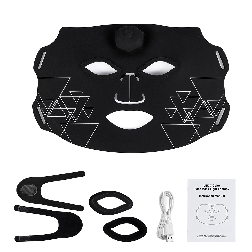(Black) 7 Colors LED Photon Face Silicone Mask Flexible Facial Beauty Mask LED Light Light Therapy Face Masks Rejuvenation Anti-Wrinkle Skin Care Wireless Use
