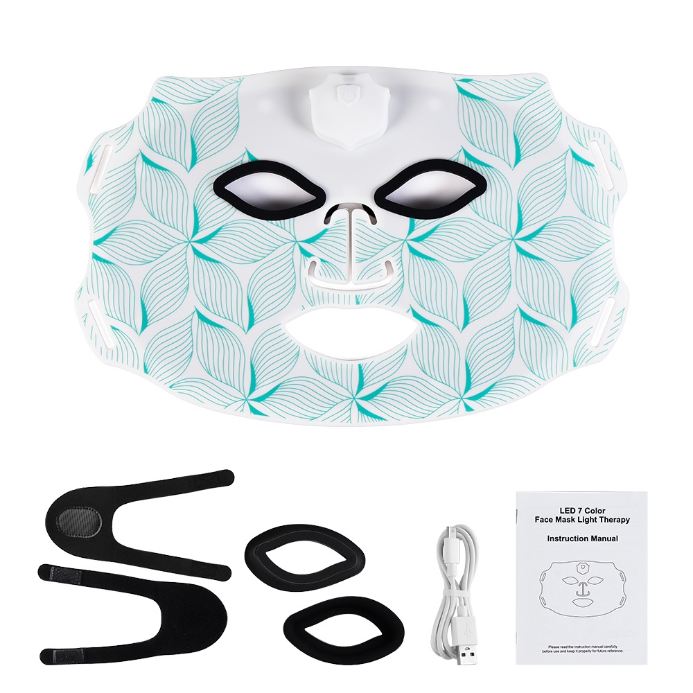 (Black) 7 Colors LED Photon Face Silicone Mask Flexible Facial Beauty Mask LED Light Light Therapy Face Masks Rejuvenation Anti-Wrinkle Skin Care Wireless Use