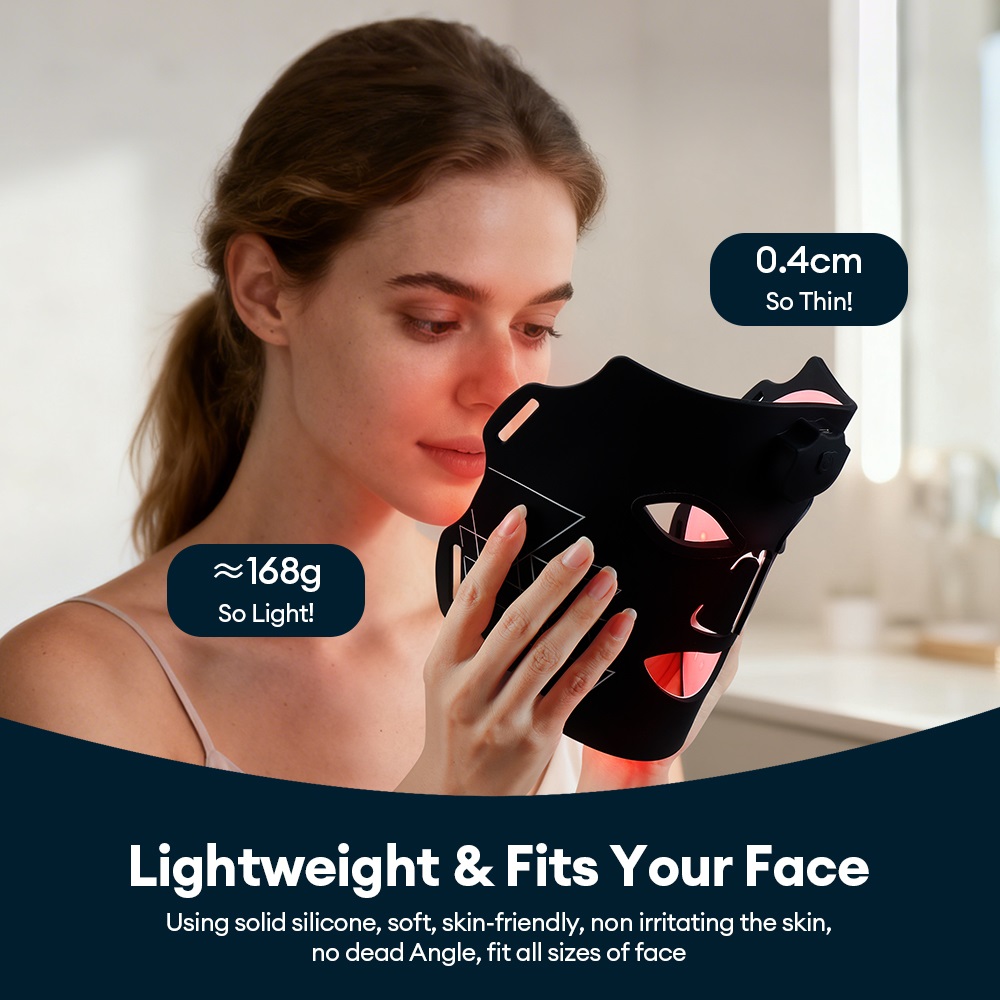 (Black) 7 Colors LED Photon Face Silicone Mask Flexible Facial Beauty Mask LED Light Light Therapy Face Masks Rejuvenation Anti-Wrinkle Skin Care Wireless Use