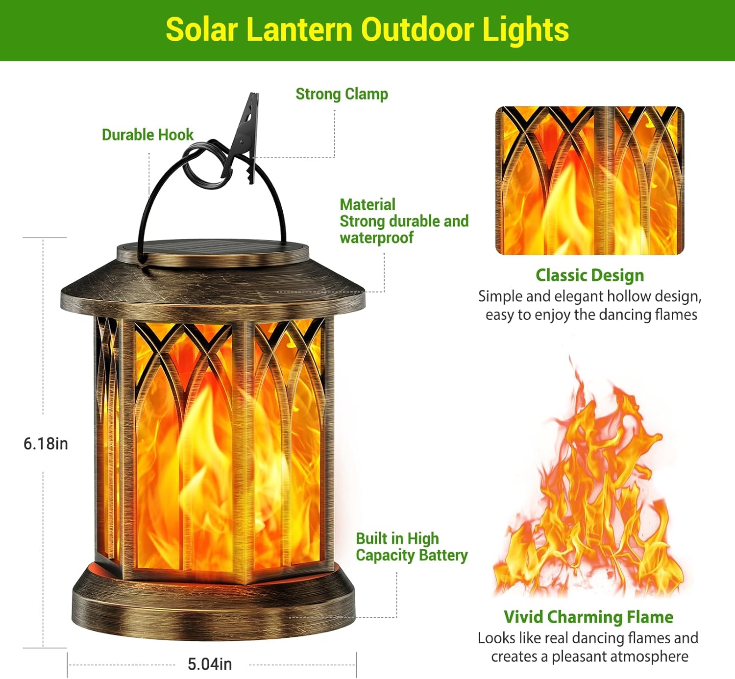 (Bronze~Flame) Solar Lights Outdoor Garden 2 Pack Hanging Solar Lanterns with Realistic Flickering Flame LED Waterproof Garden Ornaments Outdoor Lights Lantern for Decoration 