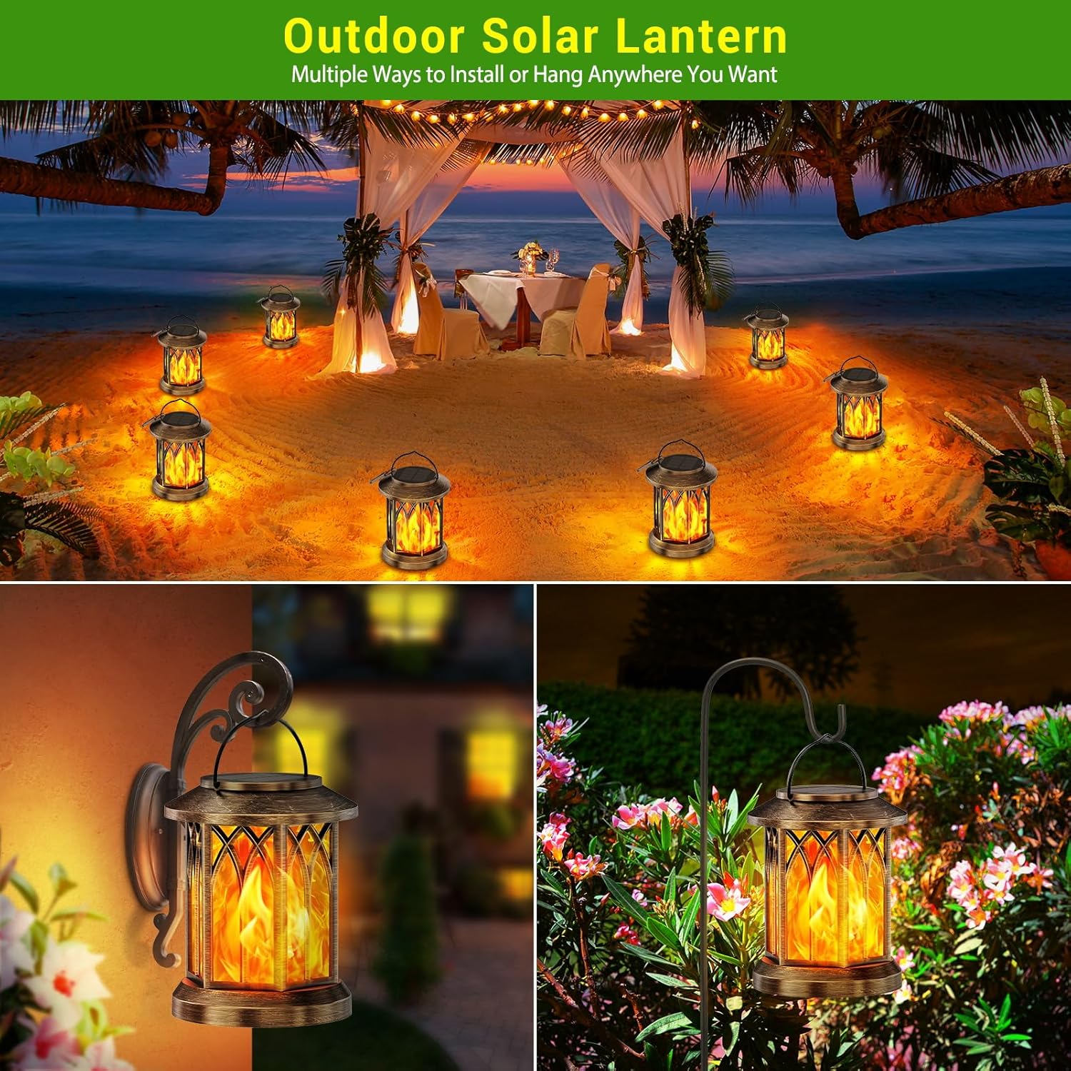 (Bronze~Flame) Solar Lights Outdoor Garden 2 Pack Hanging Solar Lanterns with Realistic Flickering Flame LED Waterproof Garden Ornaments Outdoor Lights Lantern for Decoration 