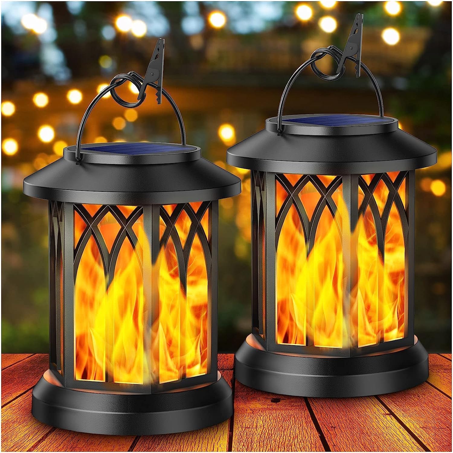 (Bronze~Flame) Solar Lights Outdoor Garden 2 Pack Hanging Solar Lanterns with Realistic Flickering Flame LED Waterproof Garden Ornaments Outdoor Lights Lantern for Decoration 