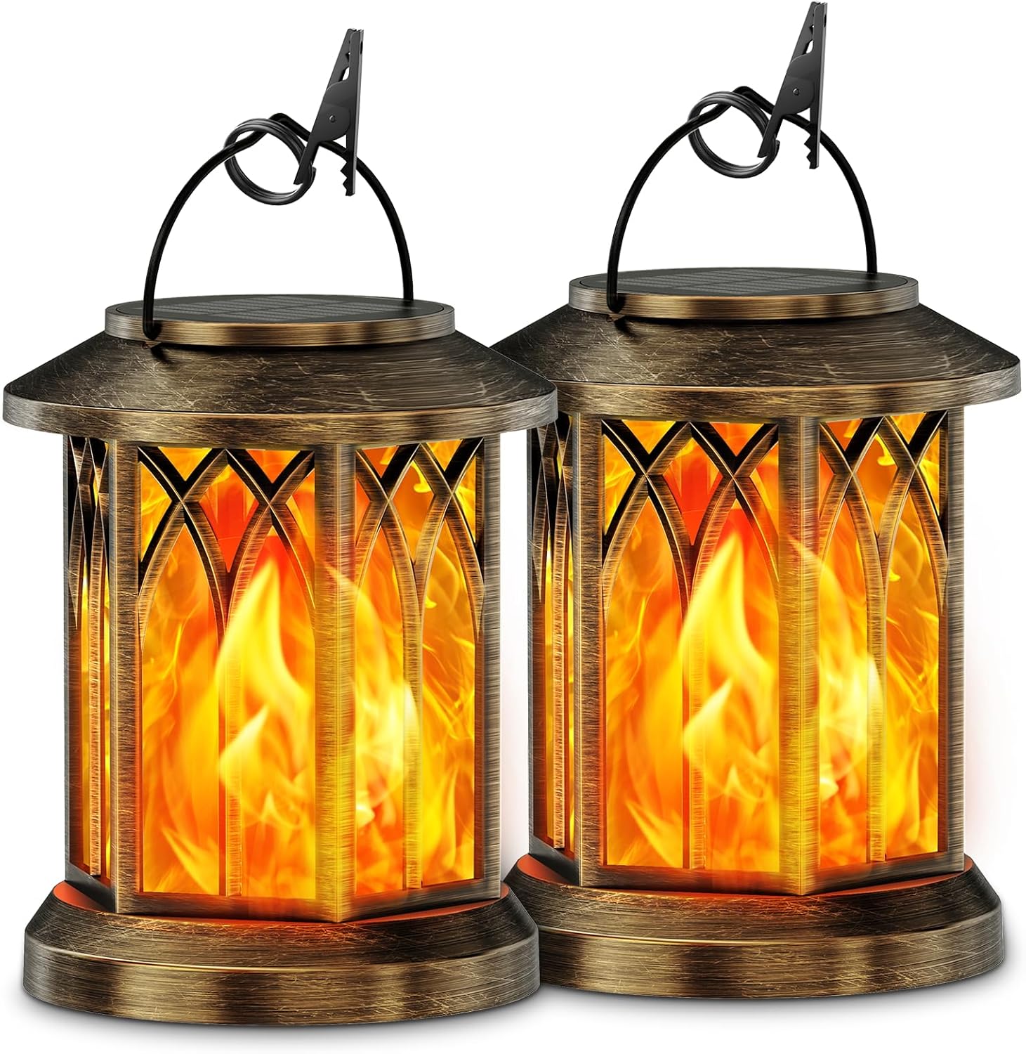 (Bronze~Flame) Solar Lights Outdoor Garden 2 Pack Hanging Solar Lanterns with Realistic Flickering Flame LED Waterproof Garden Ornaments Outdoor Lights Lantern for Decoration 