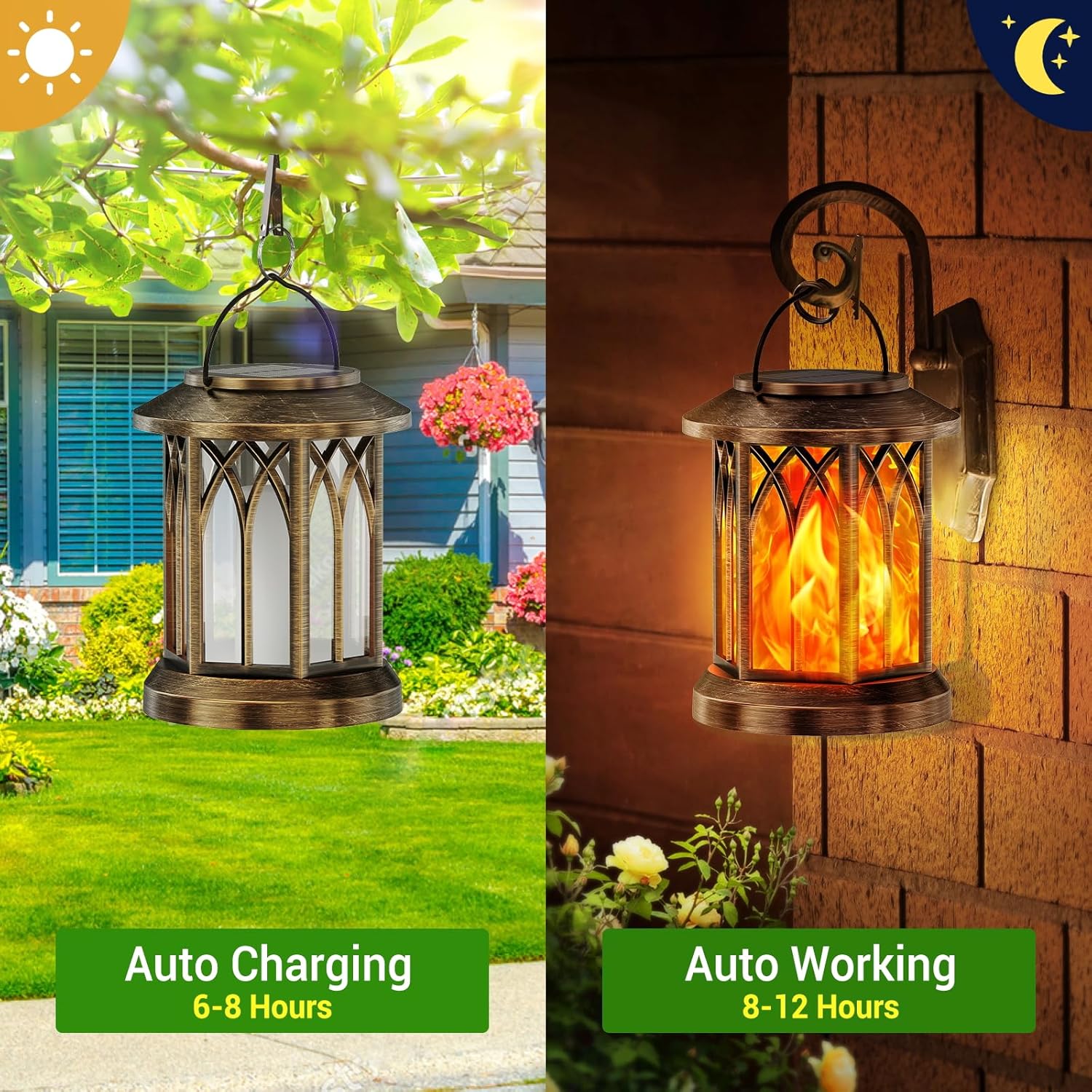 (Bronze~Flame) Solar Lights Outdoor Garden 2 Pack Hanging Solar Lanterns with Realistic Flickering Flame LED Waterproof Garden Ornaments Outdoor Lights Lantern for Decoration 