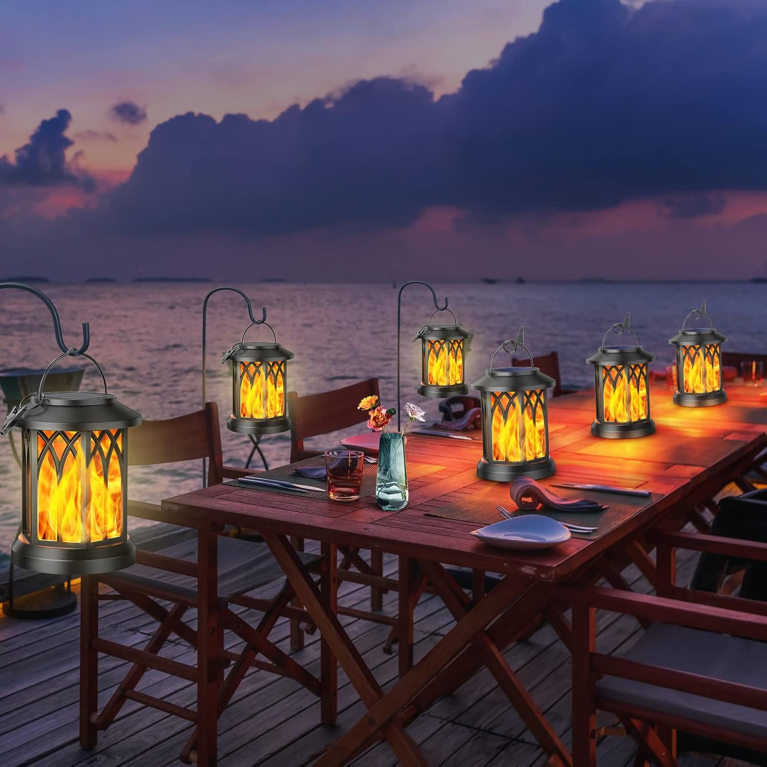 (Bronze~Flame) Solar Lights Outdoor Garden 2 Pack Hanging Solar Lanterns with Realistic Flickering Flame LED Waterproof Garden Ornaments Outdoor Lights Lantern for Decoration 