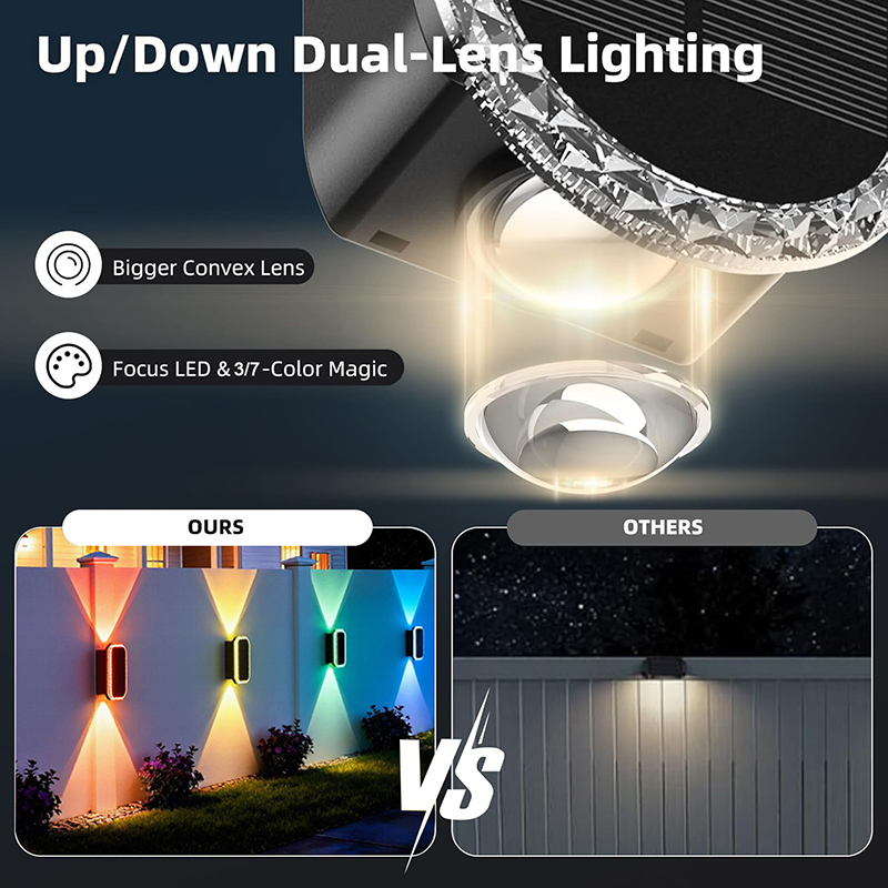 (3 color) RGB Color Solar Fence Lights Outdoor Light Intelligent Light Control Lamp Up and Down Solar Wall Lights for Yard Garage Exterior
