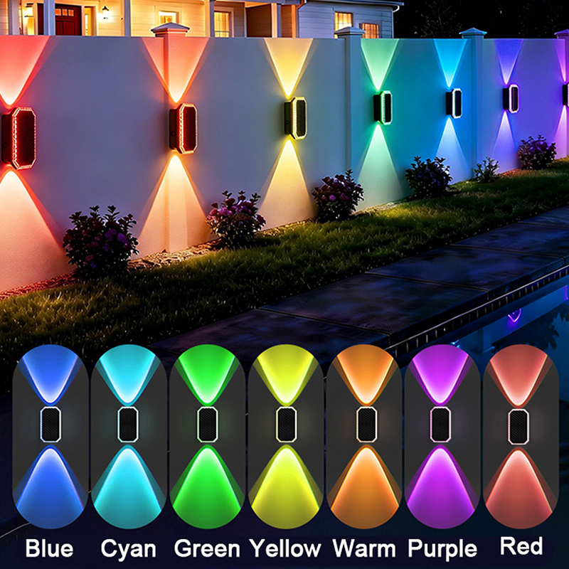 (3 color) RGB Color Solar Fence Lights Outdoor Light Intelligent Light Control Lamp Up and Down Solar Wall Lights for Yard Garage Exterior
