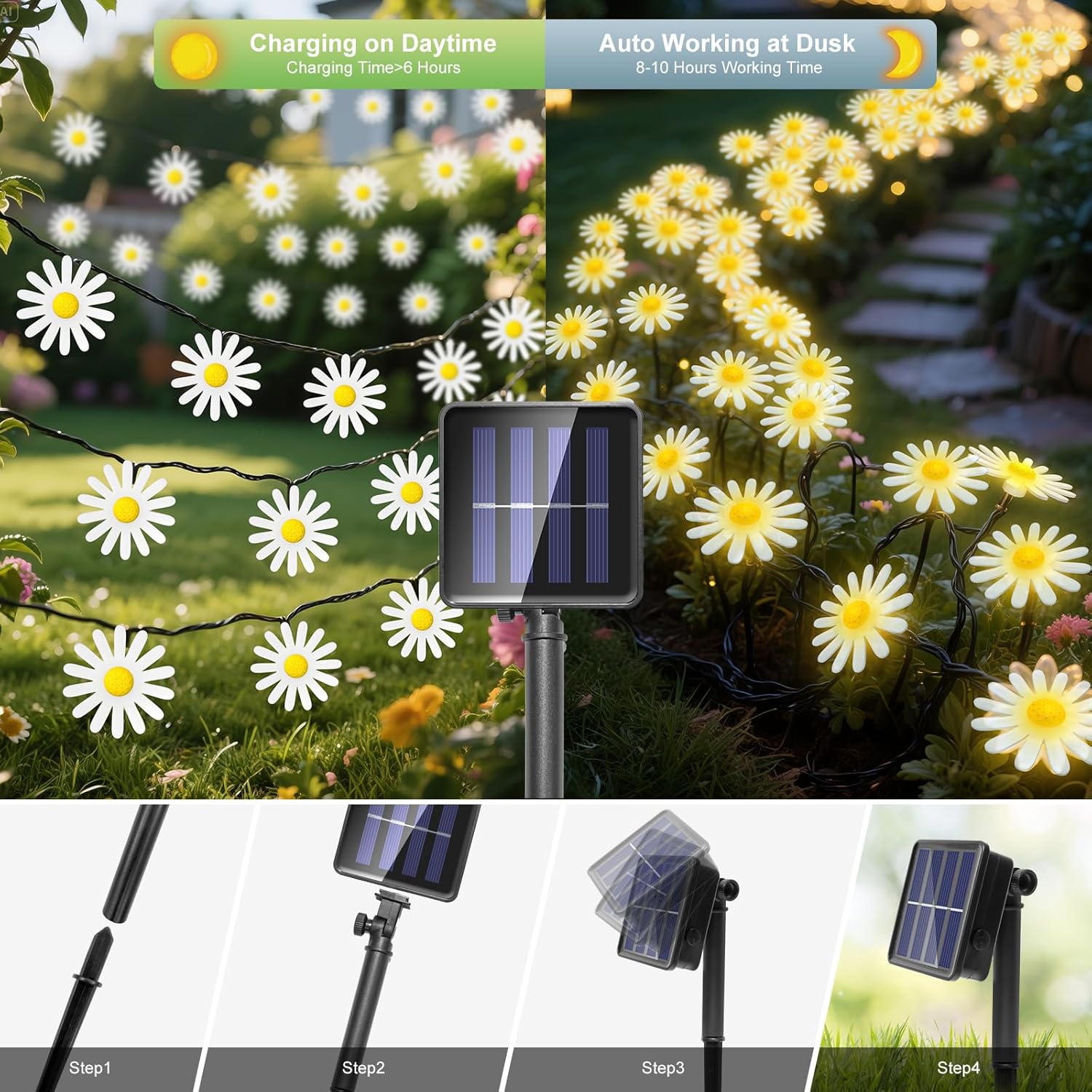 Solar Flower String Lights Outdoor Garland Fairy Lights,40LED Mums Daisy String Lights Solar Powered Garden Fence Light Waterproof 8Mode for Tree