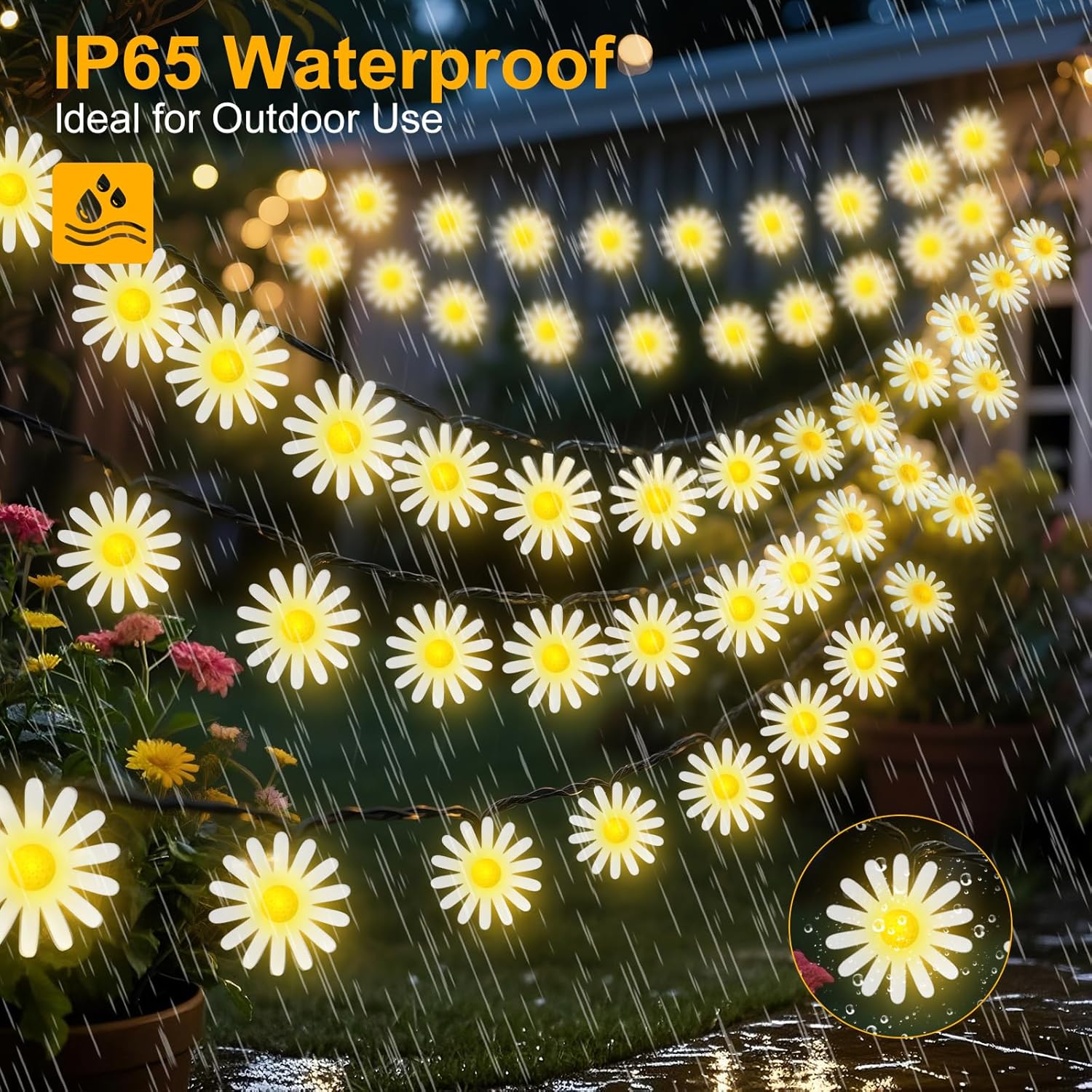 Solar Flower String Lights Outdoor Garland Fairy Lights,40LED Mums Daisy String Lights Solar Powered Garden Fence Light Waterproof 8Mode for Tree