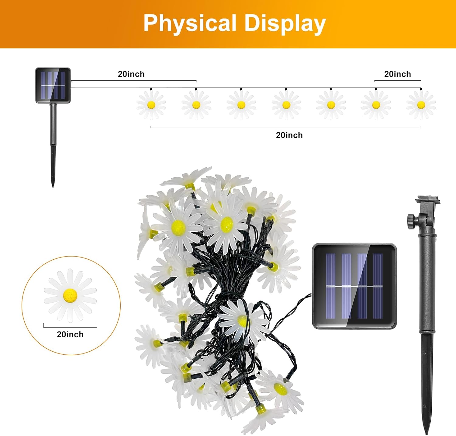 Solar Flower String Lights Outdoor Garland Fairy Lights,40LED Mums Daisy String Lights Solar Powered Garden Fence Light Waterproof 8Mode for Tree