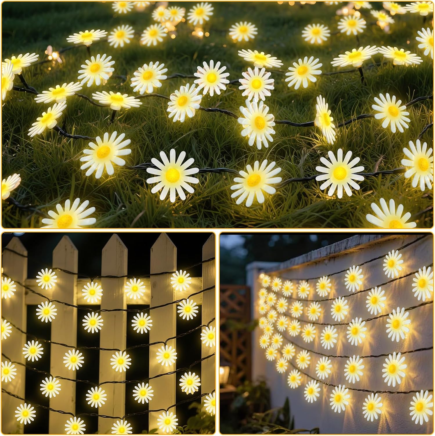 Solar Flower String Lights Outdoor Garland Fairy Lights,40LED Mums Daisy String Lights Solar Powered Garden Fence Light Waterproof 8Mode for Tree