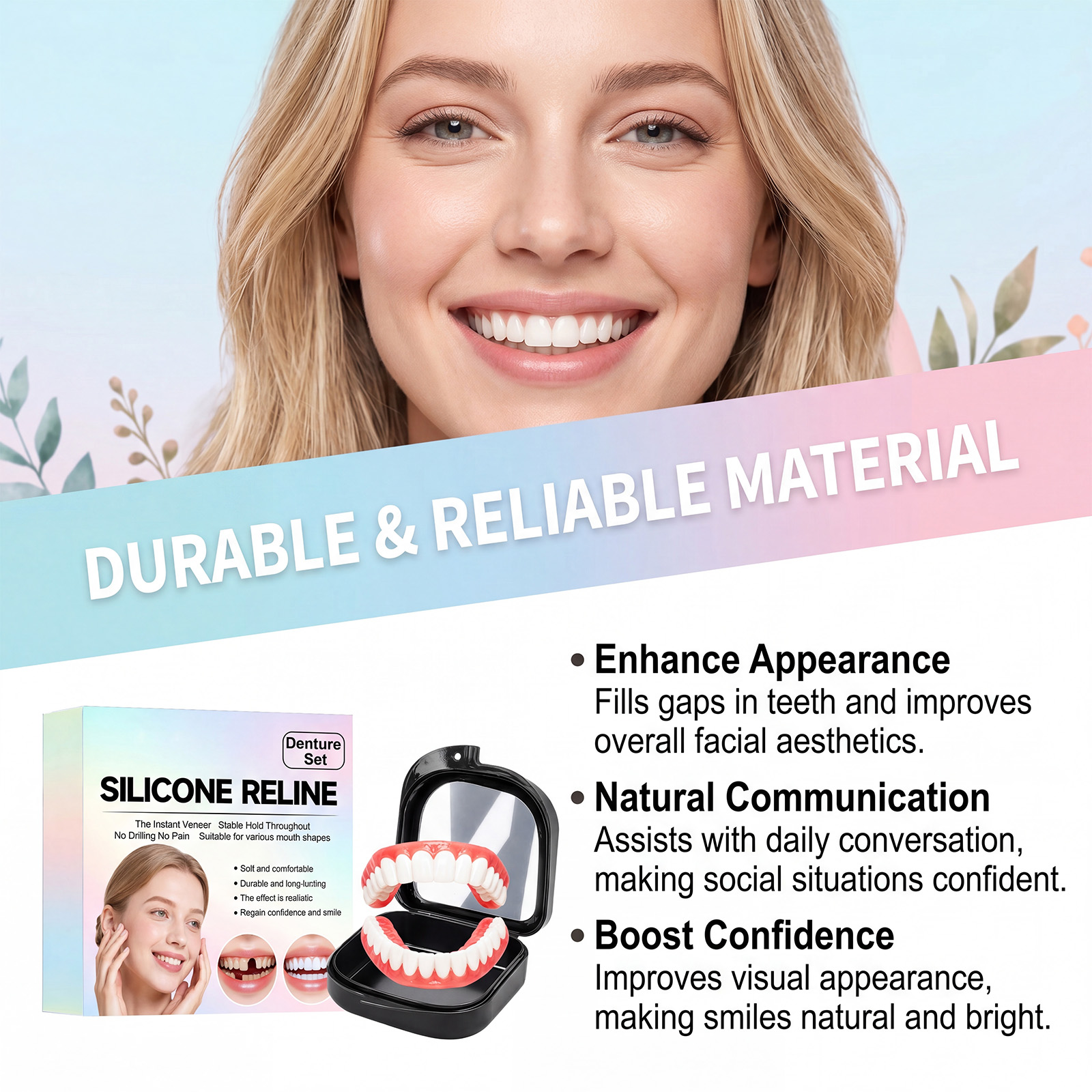 Comfortable Denture Kit Soft Material Stable Easy To Wear Natural Fit Beautiful Daily Teeth Modification Set