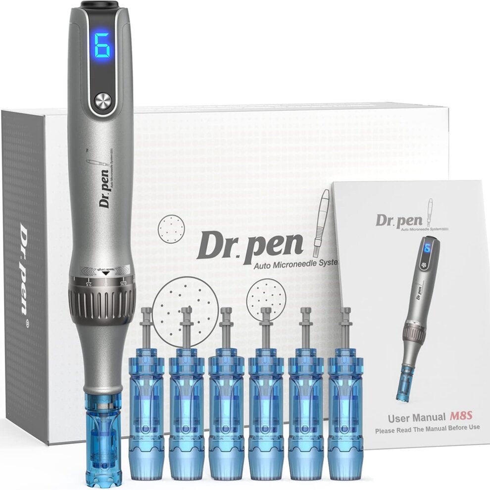 Dr. Pen Ultima M8S Wireless Microneedling Pen with 35-Piece Replacement Cartridges, USB-C, LED Screen, 6-Speed, Anti-Backflow Tips