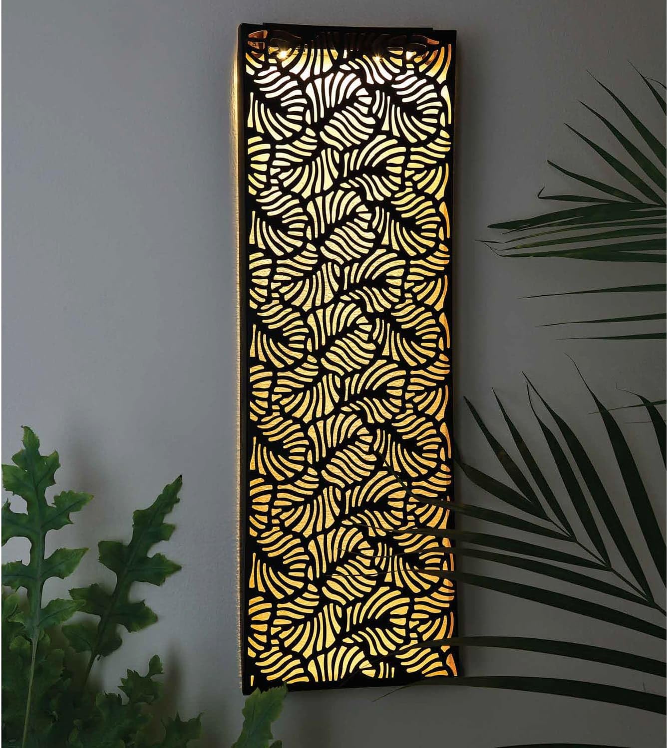 Solar Powered Metal Wall Art Panel Automatic ON/OFF Illuminated Wall Mount Wall Art Garden Panels with Warm White LEDs Rechargeable Battery Automatic Dusk 