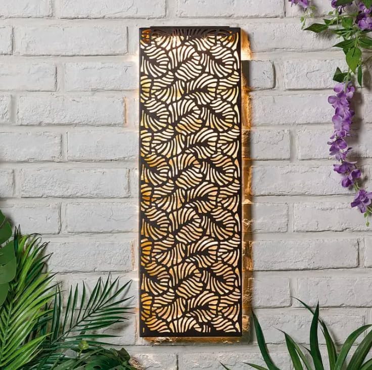 Solar Powered Metal Wall Art Panel Automatic ON/OFF Illuminated Wall Mount Wall Art Garden Panels with Warm White LEDs Rechargeable Battery Automatic Dusk 
