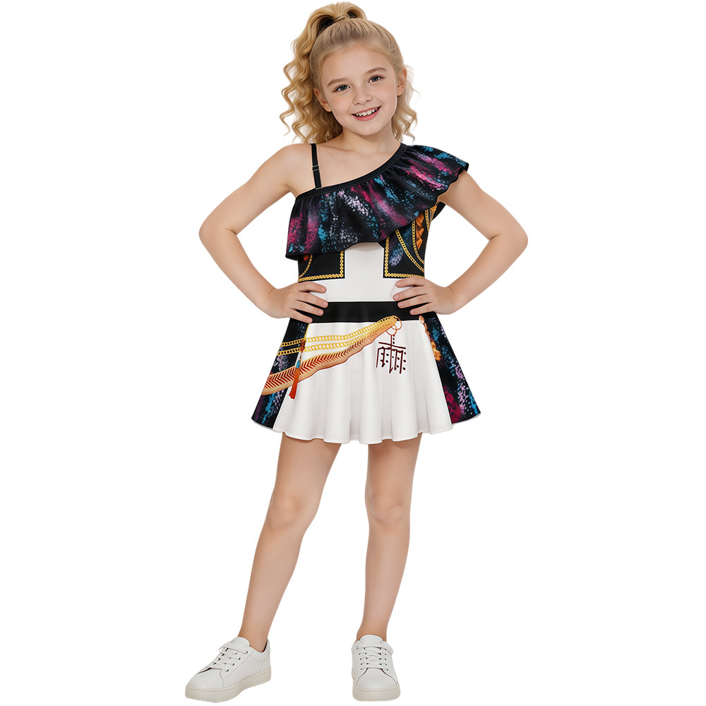 (130CM) Kids Kpop Cosplay Swimwear One Piece Slant Shoulder Swimsuit for Girls Stage Performance Halloween Party