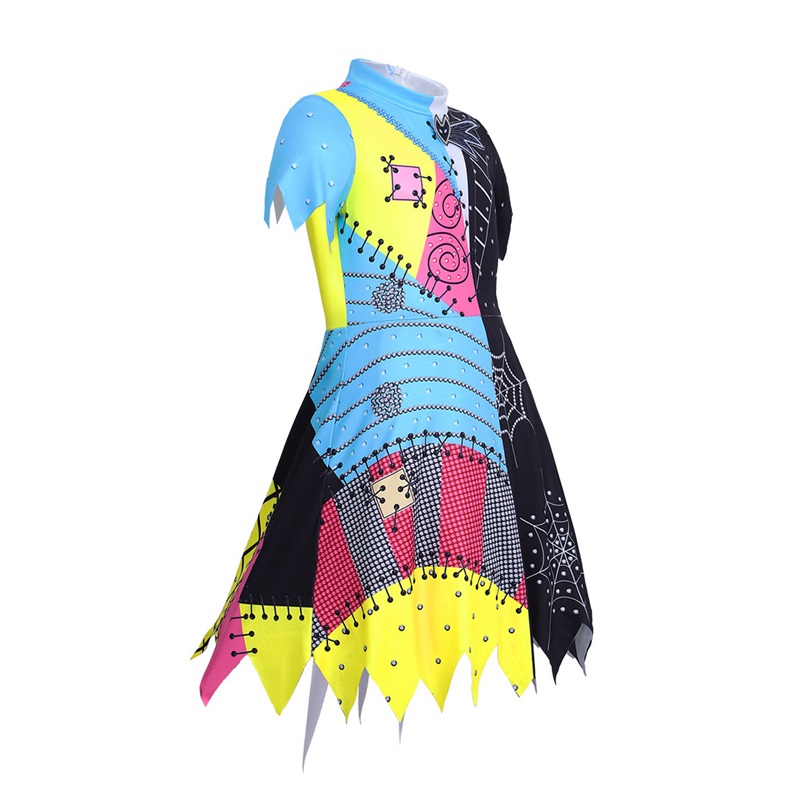 (130CM) Girls Sally Patchwork Jumpsuit Costume The Nightmare Before Christmas Cosplay Dress for Kids Halloween Party Performance