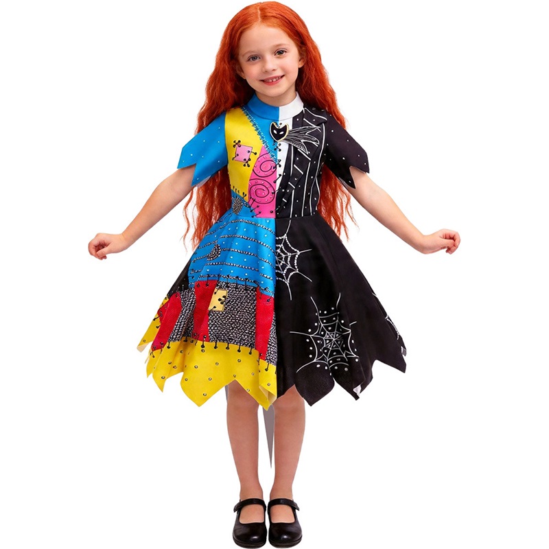 (130CM) Girls Sally Patchwork Jumpsuit Costume The Nightmare Before Christmas Cosplay Dress for Kids Halloween Party Performance