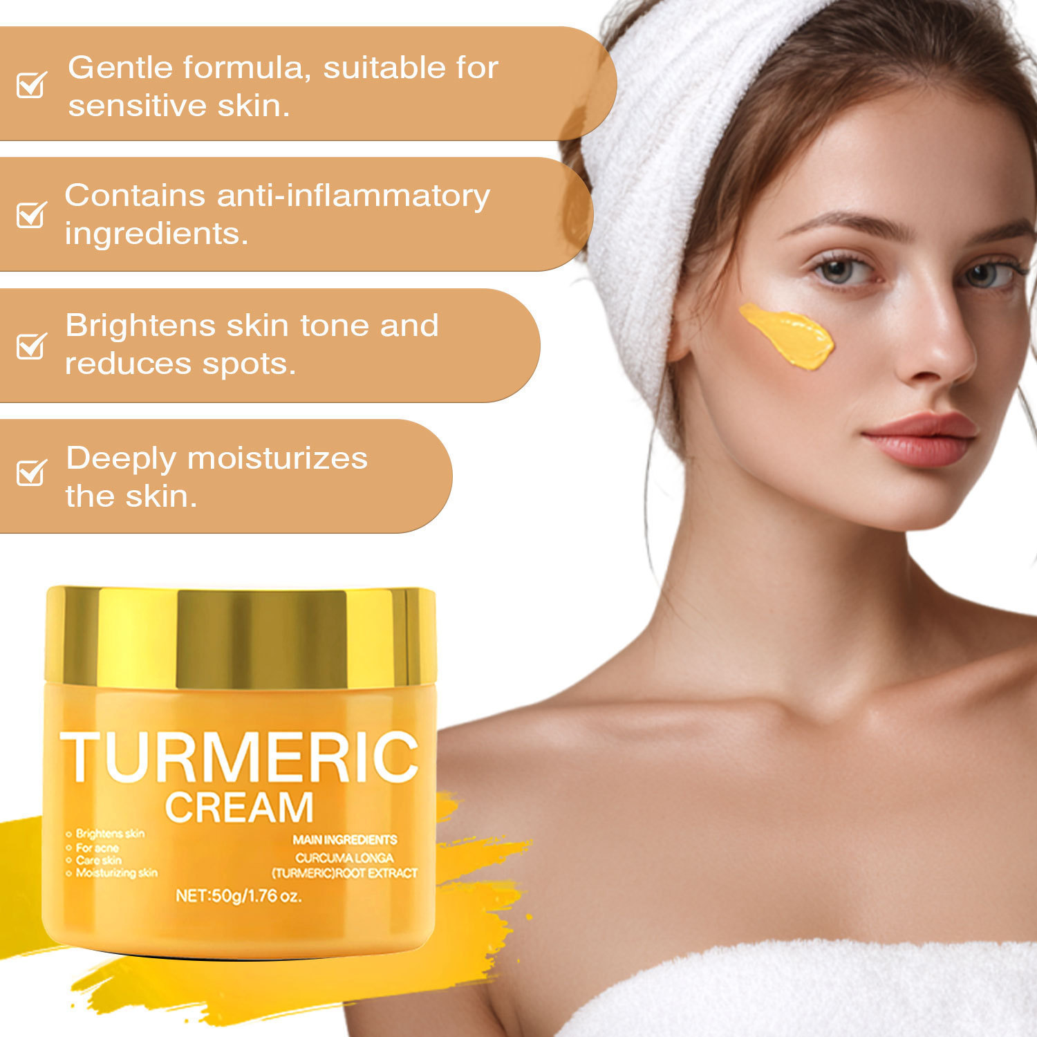 Turmeric Face Cream Brightening Moisturizing Nourishing Hydrating For Even Skin Tone Daily Facial Treatment