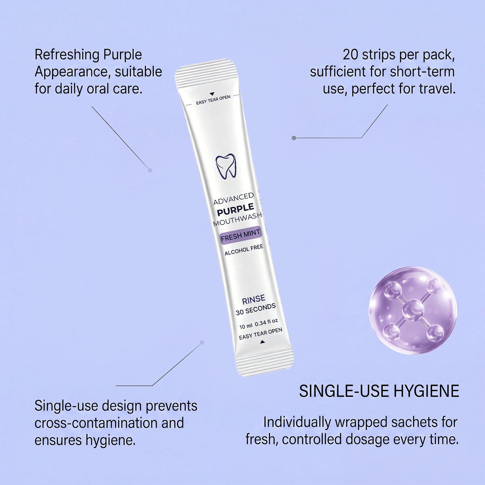 Purple Fresh Mouthwash Portable Individual Strip Pack Mint Fresh Taste Mild Alcohol Free Fast Clean Oral Cavity Mouth Rinse