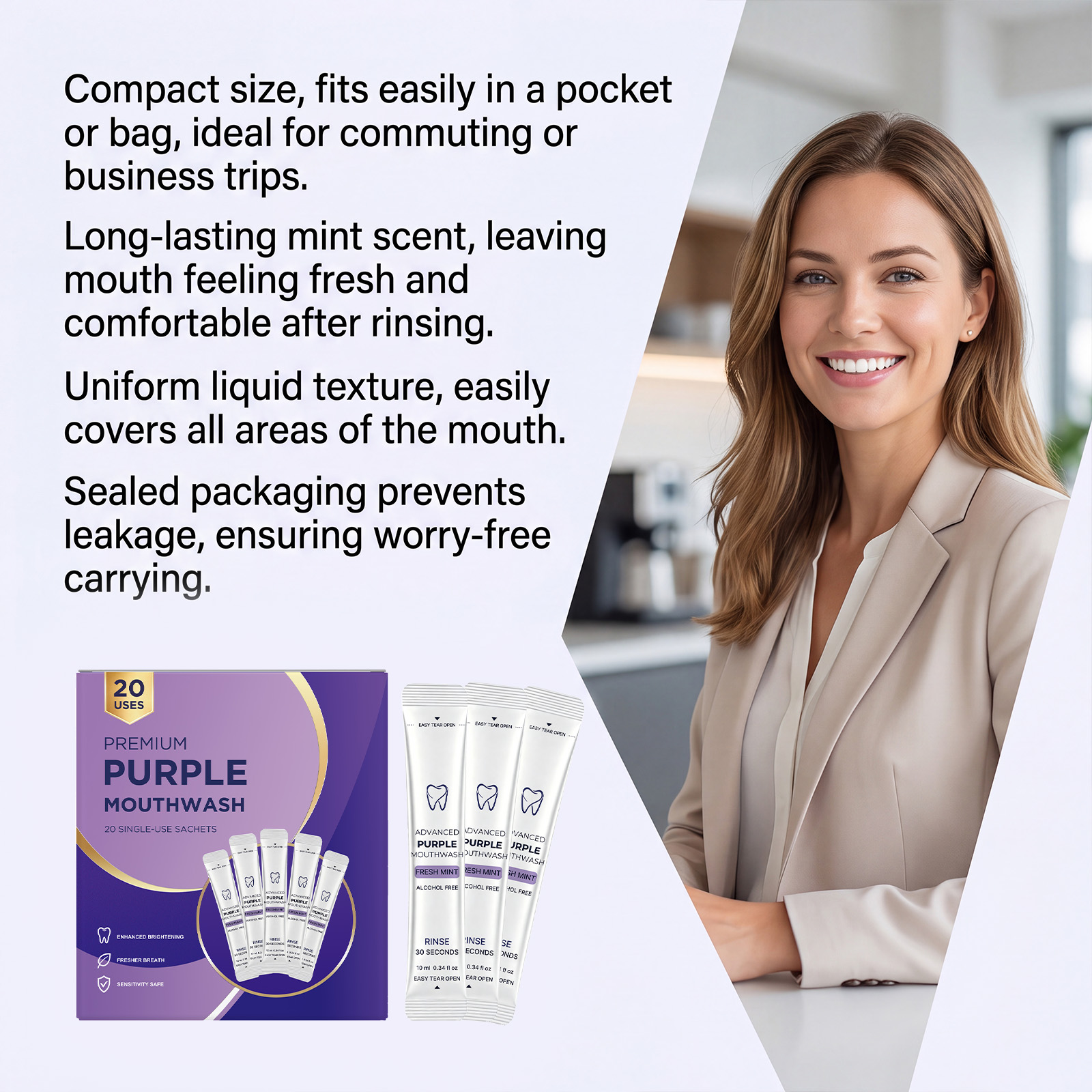 Purple Fresh Mouthwash Portable Individual Strip Pack Mint Fresh Taste Mild Alcohol Free Fast Clean Oral Cavity Mouth Rinse
