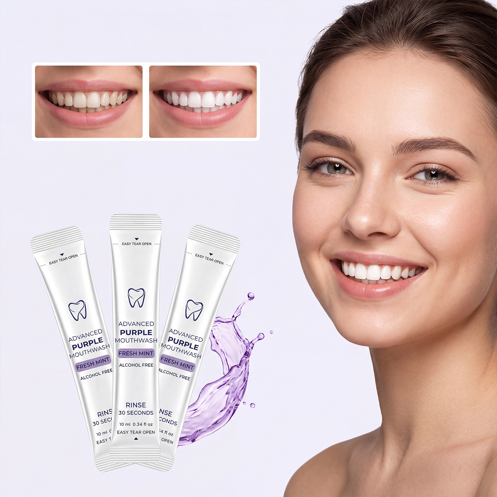 Purple Fresh Mouthwash Portable Individual Strip Pack Mint Fresh Taste Mild Alcohol Free Fast Clean Oral Cavity Mouth Rinse
