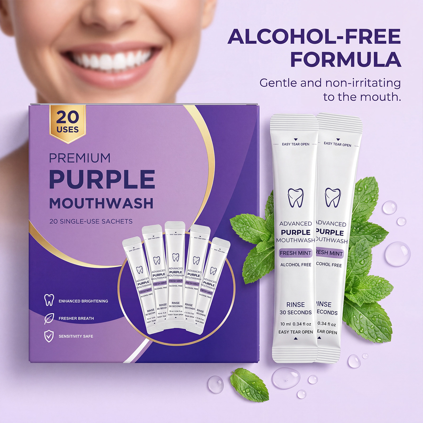 Purple Fresh Mouthwash Portable Individual Strip Pack Mint Fresh Taste Mild Alcohol Free Fast Clean Oral Cavity Mouth Rinse