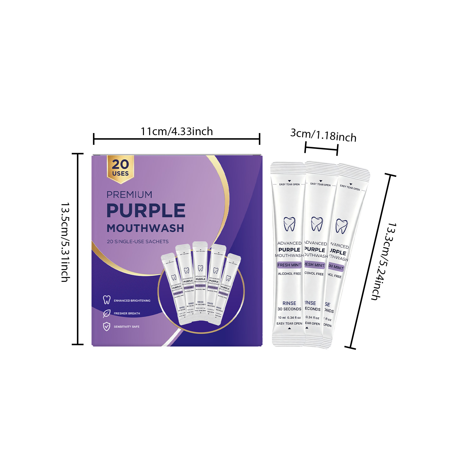 Purple Fresh Mouthwash Portable Individual Strip Pack Mint Fresh Taste Mild Alcohol Free Fast Clean Oral Cavity Mouth Rinse
